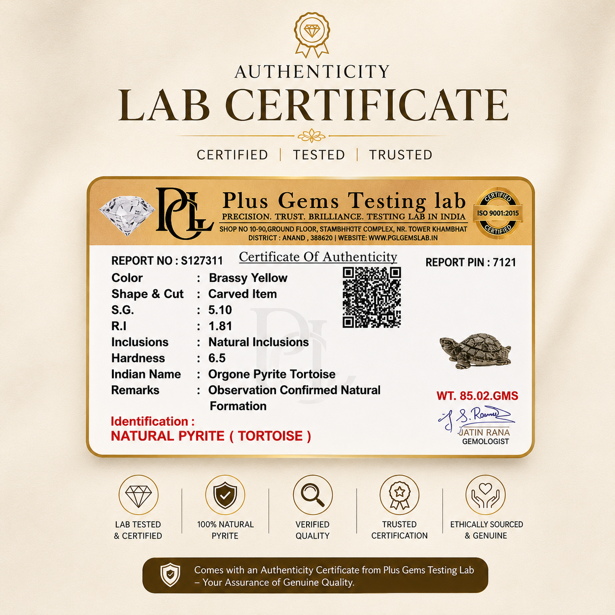 Pyrite totorise( kachua) natural lab certified