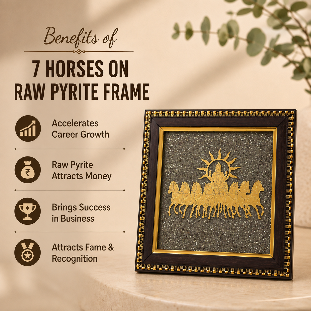 7 horses gold plated frame in raw pyrite